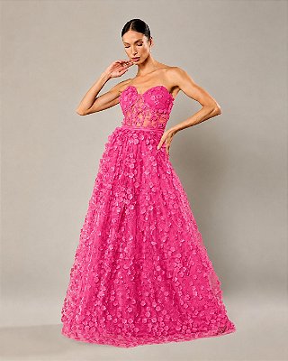 VESTIDO LONGO MICROTULE 3D TOMARA QUE CAIA BUSTO CORSET COMPRIMNETO C/ FLORES PINK
