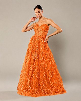 VESTIDO LONGO MICROTULE 3D TOMARA QUE CAIA BUSTO CORSET COMPRIMNETO C/ FLORES LARANJA