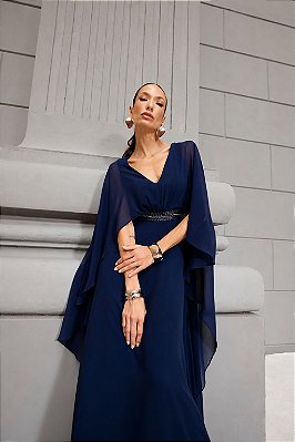 VESTIDO LONGO CHIFFON MANGA CAPA BORDADO NA CINTURA AZUL MARINHO