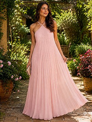 VESTIDO LONGO CHIFON PLISSADO GOLA ALTA DECOTE COSTA ROSA BEBÊ