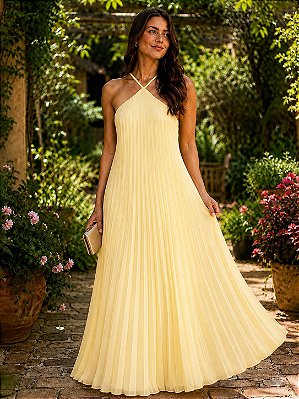 VESTIDO LONGO CHIFON PLISSADO GOLA ALTA DECOTE COSTA AMARELO MANTEIGA