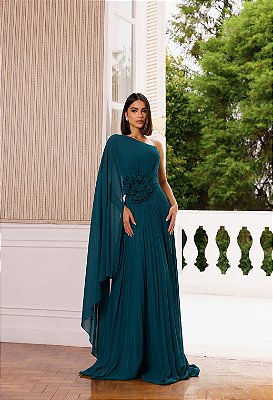 VESTIDO LONGO CHIFFON ALÇA FINA UM OMBRO SÓ C/ CAPA E FLOR REMOVÍVEL SAIA PLISSADA VERDE PETRÓLEO