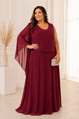 VESTIDO LONGO CHIFFON ALÇA LARGA CAPA C/ DETALHE OMBRO FENDA FRENTE  MARSALA
