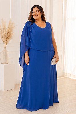 VESTIDO LONGO CHIFFON ALÇA LARGA CAPA C/ DETALHE OMBRO FENDA FRENTE AZUL ROYAL