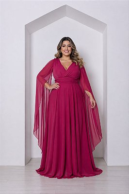 VESTIDO LONGO MICROTULE MANGA CAPA DECOTE TRANSPASSADO ACINTURADO FUCSIA