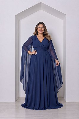 VESTIDO LONGO MICROTULE MANGA CAPA DECOTE TRANSPASSADO ACINTURADO AZUL COBALTO