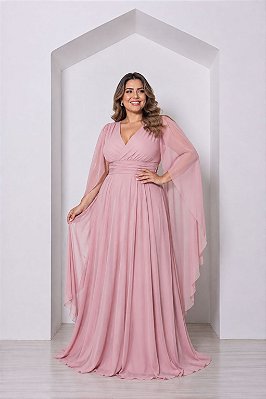 VESTIDO LONGO MICROTULE MANGA CAPA DECOTE TRANSPASSADO ACINTURADO ROSÊ