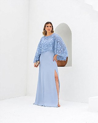 VESTIDO LONGO CETIM ALÇA LARGA DECOTE QUADRADO C/ CAPA BORDADA REMOVÍVEL  FENDA FRENTE AZUL SERENITY