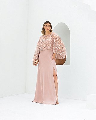 VESTIDO LONGO CETIM ALÇA LARGA DECOTE QUADRADO C/ CAPA BORDADA REMOVÍVEL FENDA FRENTE ROSÊ GOLD