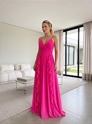 VESTIDO LONGO CHIFFON DECOTE V PALA DRAPEADA DIAGONAL BABADOS VERTICAIS FRENTE PINK