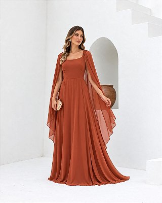 VESTIDO LONGO CHIFFON DECOTE ARREDONDADO MANGA LONGA CAPA TERRACOTA