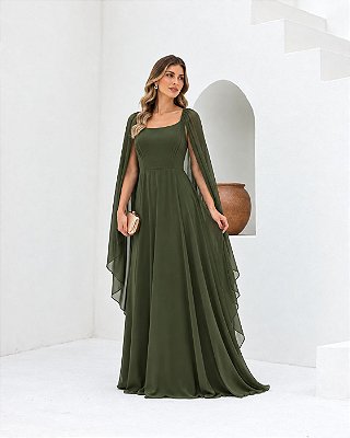 VESTIDO LONGO CHIFFON DECOTE ARREDONDADO MANGA LONGA CAPA VERDE OLIVA