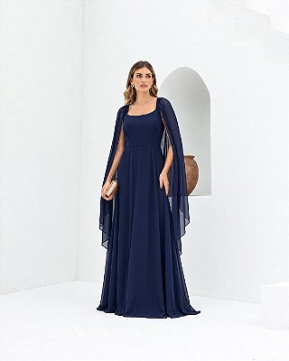 VESTIDO LONGO CHIFFON DECOTE ARREDONDADO MANGA LONGA CAPA AZUL MARINHO