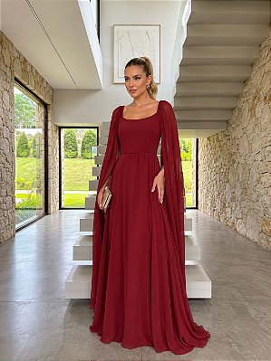 VESTIDO LONGO CHIFFON DECOTE ARREDONDADO MANGA LONGA CAPA MARSALA