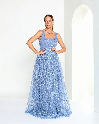 VESTIDO LONGO MICROTULE 3D ALÇA LARGA BUSTO E COMPRIMENTO C/ FLORES AZUL SERENITY