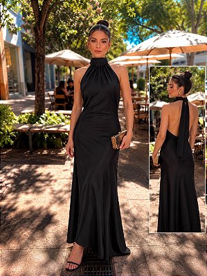 VESTIDO NEW MIDI CETIM GOLA ALTA AMARRAÇÃO FRENTE ÚNICA PRETO