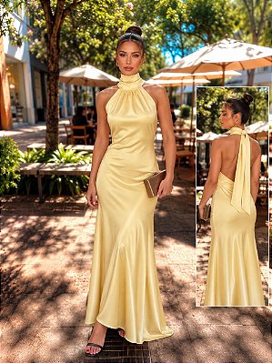 VESTIDO NEW MIDI CETIM GOLA ALTA AMARRAÇÃO FRENTE ÚNICA AMARELO