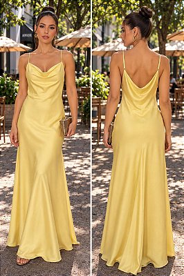 VESTIDO LONGO CETIM ALÇA FINA GOLA BOBA  AMARELO