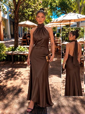 VESTIDO NEW MIDI CETIM GOLA ALTA AMARRAÇÃO FRENTE ÚNICA MARROM