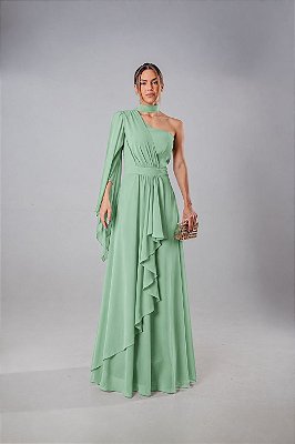VESTIDO LONGO CHIFFON UM OMBRO SÓ MANGA LONGA CAPA PALA CINTURA DETALHE CASCATA FRENTE VERDE MENTA