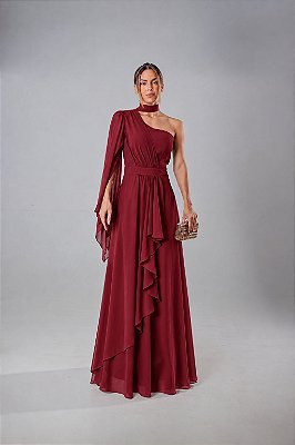VESTIDO LONGO CHIFFON UM OMBRO SÓ MANGA LONGA CAPA PALA CINTURA DETALHE CASCATA FRENTE MARSALA