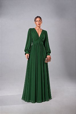 VESTIDO LONGO CREPE DE SEDA DECOTE V MANGA LONGA PALA LARGA BUSTO VERDE ESMERALDA