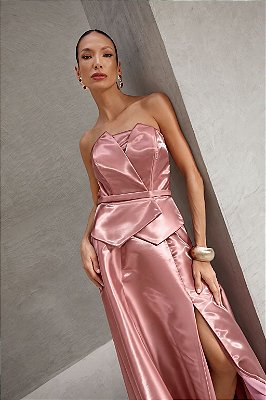 VESTIDO LONGO ZIBELINE GLOSS TOMARA QUE CAIA DETALHE PEPLUM ASSIMETRICO CINTURA FENDA FRENTE ROSÊ