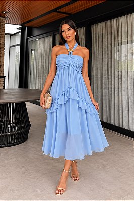 VESTIDO MIDI CREPE DE SEDA BUSTO DRAPEADO TOMARA QUE CAIA C/ AMARRAÇÃO NO PESCOÇO AZUL SERENITY