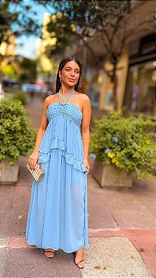 VESTIDO MIDI CREPE DE SEDA BUSTO DRAPEADO TOMARA QUE CAIA C/ AMARRAÇÃO NO PESCOÇO AZUL SERENITY