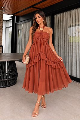 VESTIDO MIDI CREPE DE SEDA BUSTO DRAPEADO TOMARA QUE CAIA C/ AMARRAÇÃO NO PESCOÇO TERRACOTA