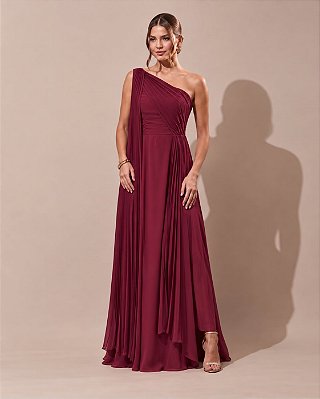VESTIDO LONGO CHIFFON UM OMRO SÓ MANGA CAPA PLISSADA DETALHE PLISSADO BUSTO E COMPRIMENTO FUCSIA