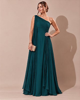 VESTIDO LONGO CHIFFON UM OMRO SÓ MANGA CAPA PLISSADA DETALHE PLISSADO BUSTO E COMPRIMENTO VERDE PETROLEO