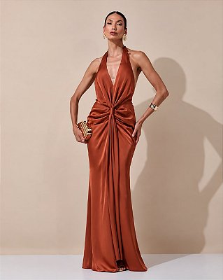 VESTIDO LONGO SEDA DECOTE V FRENTE ÚNICA COSTAS NUA DETLAHE DRAPEADO FRENTE TERRACOTA