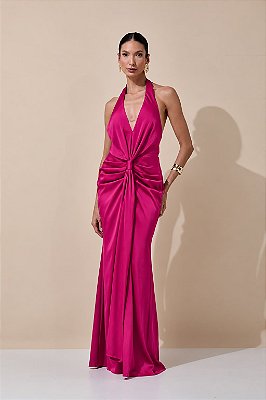 VESTIDO LONGO SEDA DECOTE V FRENTE ÚNICA COSTAS NUA DETLAHE DRAPEADO FRENTE FUCSIA