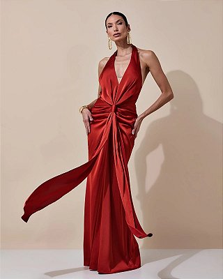 VESTIDO LONGO SEDA DECOTE V FRENTE ÚNICA COSTAS NUA DETLAHE DRAPEADO FRENTE VERMELHO