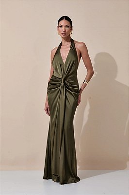 VESTIDO LONGO SEDA DECOTE V FRENTE ÚNICA COSTAS NUA DETLAHE DRAPEADO FRENTE VERDE OLIVA