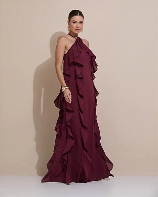 VESTIDO LONGO CREPE DE SEDA AMARRAÇÃO GOLA BUSTO E COMPRIMENTO C/ DETALHE BABADOS MARSALA