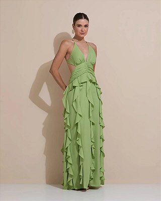 VESTIDO LONGO CREPE DE SEDA FRENTE ÚNICA COM AMARRAÇÃO FENDA LATERAL SAIA BABADOS VERTICAIS VERDE LIMA