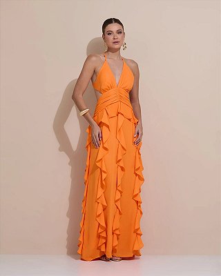 VESTIDO LONGO CREPE DE SEDA FRENTE ÚNICA COM AMARRAÇÃO FENDA LATERAL SAIA BABADOS VERTICAIS LARANJA