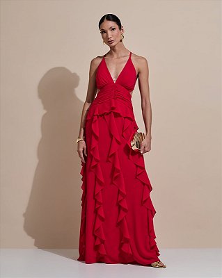 VESTIDO LONGO CREPE DE SEDA FRENTE ÚNICA COM AMARRAÇÃO FENDA LATERAL SAIA BABADOS VERTICAIS VERMELHO