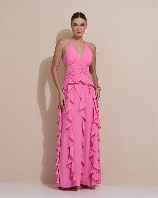 VESTIDO LONGO CREPE DE SEDA FRENTE ÚNICA COM AMARRAÇÃO FENDA LATERAL SAIA BABADOS VERTICAIS ROSA BEBÊ