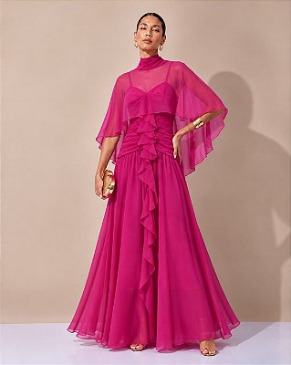 VESTIDO LONGO CHIFFON DECOTE V ALÇA FINA BUSTO DRAPEADO C/ DETALHE BABADOS VERTICAL FUCSIA