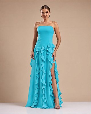 VESTIDO LONGO CHIFON TOMARA QUE CAIA COMPRIMENTO COM BABADOS VERTICAIS AZUL TIFFANY