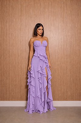 VESTIDO LONGO CHIFFON TOMARA QUE CAIA C/ DECOTE CORAÇÃO DETALHE DRAPEADO BUSTO SAIA C/ BABADOS CASCATA  LILÁS