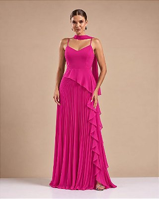 VESTIDO LONGO CHIFFON ALÇA FINA DECOTE V PEPLUM ASSIMÉTRICO CINTURA SAIA PLISSADA PINK