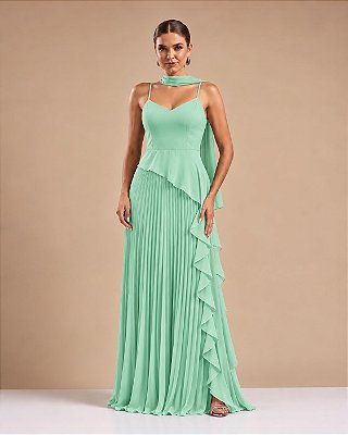 VESTIDO LONGO CHIFFON ALÇA FINA DECOTE V PEPLUM ASSIMÉTRICO CINTURA SAIA PLISSADA VERDE MENTA