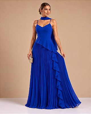 VESTIDO LONGO CHIFFON ALÇA FINA DECOTE V PEPLUM ASSIMÉTRICO CINTURA SAIA PLISSADA AZUL ROYAL