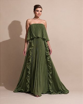VESTIDO LONGO PLISSADO COM BABADOS EM CAMADAS MOVIMENTO VERDE OLIVA