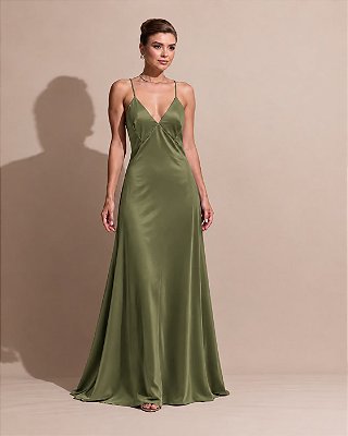 VESTIDO LONGO CETIM SLIP DRESS DECOTE V DETALHE ALÇA FINA COSTAS VERDE OLIVA