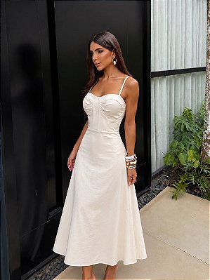 VESTIDO MIDI LINHO BUSTO MEIA TAÇA ALÇA FINA AMARRAÇÃO COSTAS BRANCO